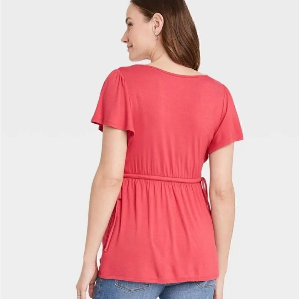 Isabel Maternity Flutter Short Sleeve Tie Waist Maternity Top Coral Res NWT XS - Picture 4 of 15